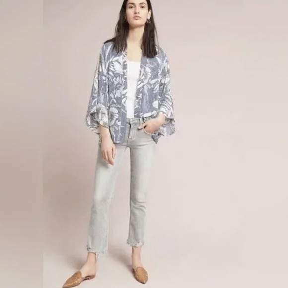 Akemi + Kin Anthropologie Savannah Blue White Floral Striped Kimono, OS - Picture 2 of 9